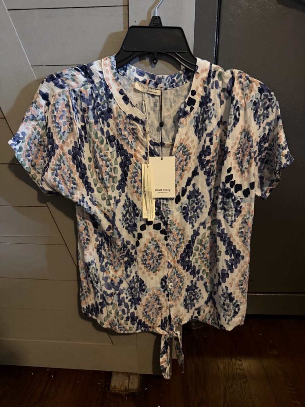 Love Stitch Blue, Pink & Green Printed Tie-Hem Button Down Top - Short Story